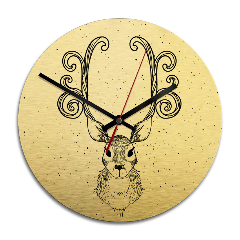 Wanduhr Alu-Dibond-Goldeffekt - Funkelnder Hirsch - Ø 28 cm
