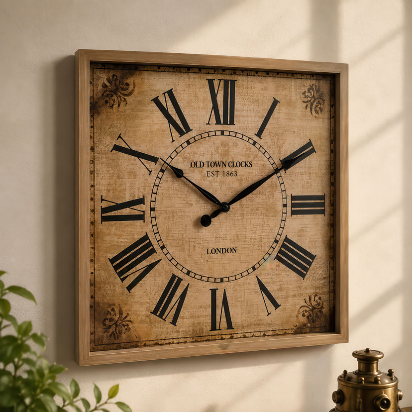 Horloge murale vintage en MDF effet bois, horloge à quartz carrée avec chiffres romains au design antique 50x50x3,5