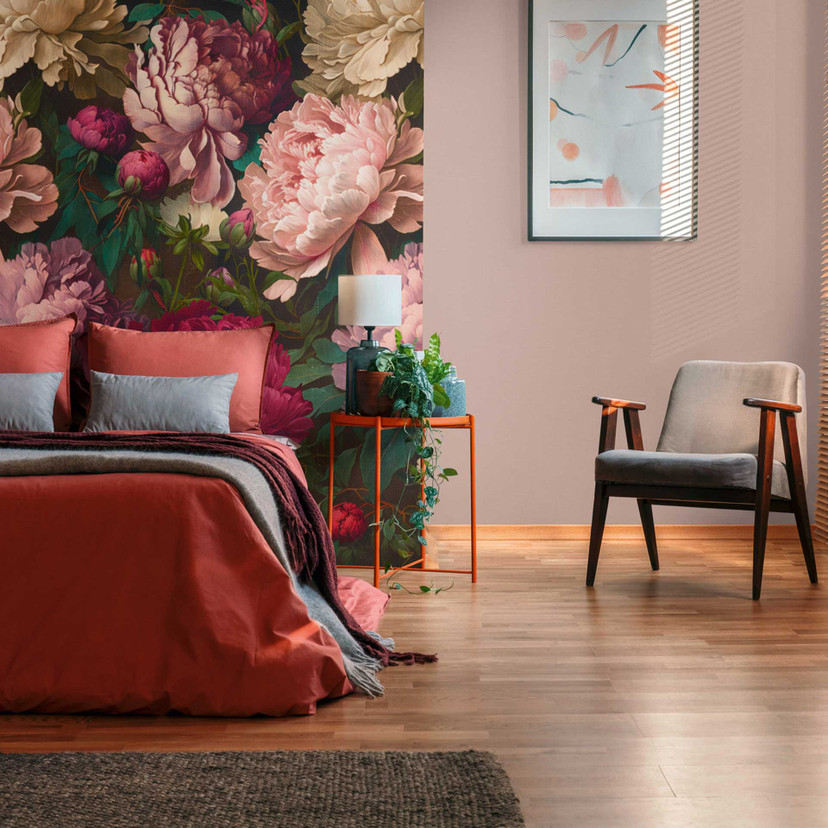 Papier peint fleurs rouge foncé rose - papier peint intissé pour chambre à coucher - design romantiq