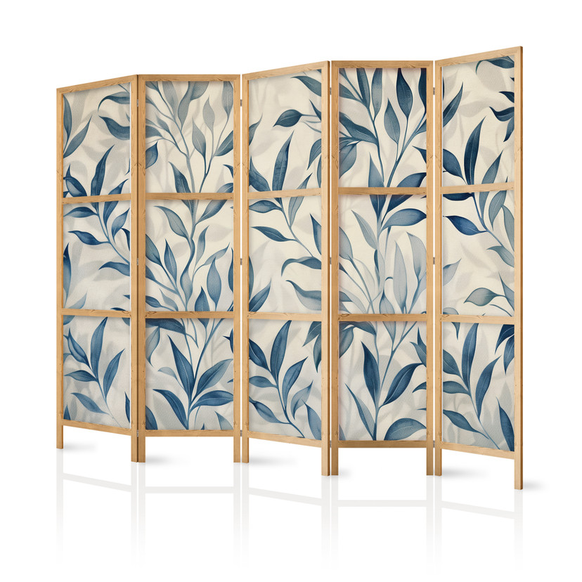 Japanischer Paravent, Raumteiler freistehend, Trennwand - Leaves in Blue Colors - Delicate Botanical