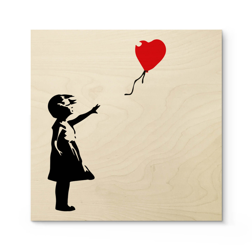 Holzbild Banksy - Girl with the red balloon - Quadratisch