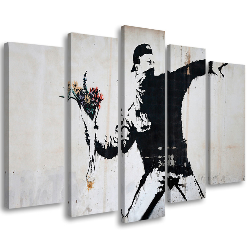 5 stykke lærredstryk, Banksy Graffiti kunstblomster