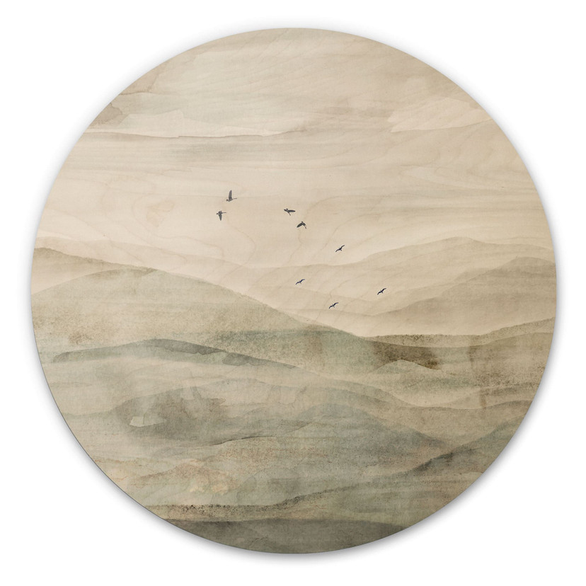 Houten Wanddecoratie Mistig berglandschap aquarel - Ms Tiff - Rond