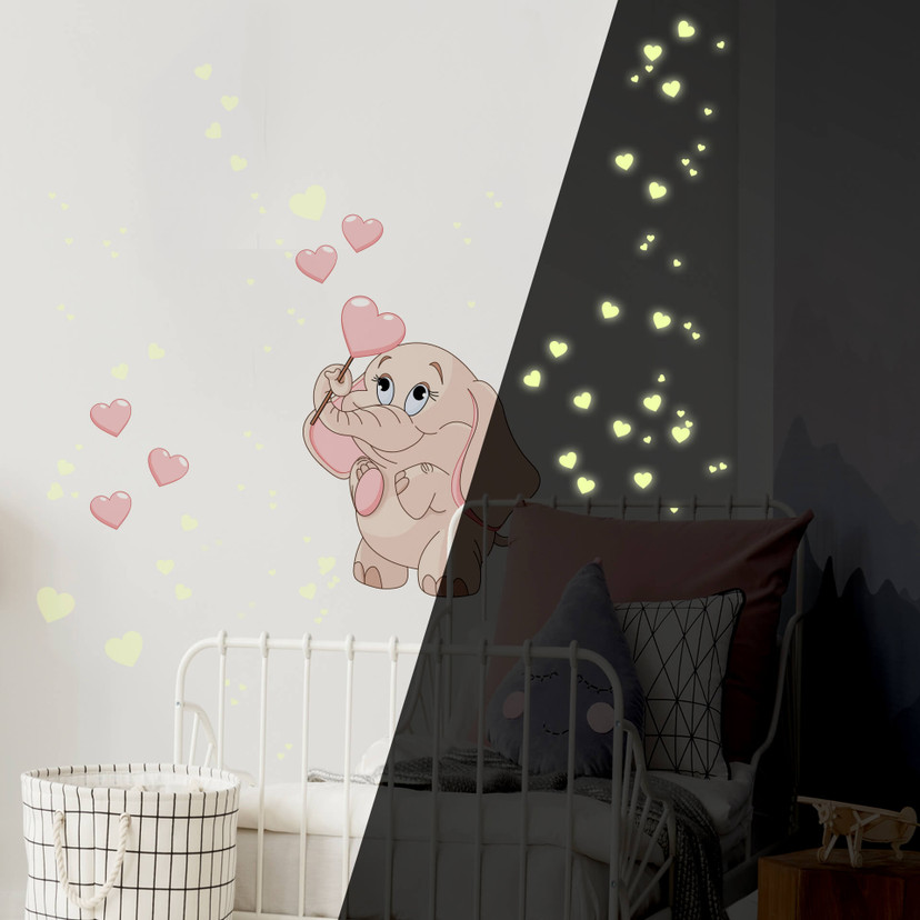 Wallsticker Baby elefant med hjerter (Rosa) som er selvoplysende i mørke - vægprint