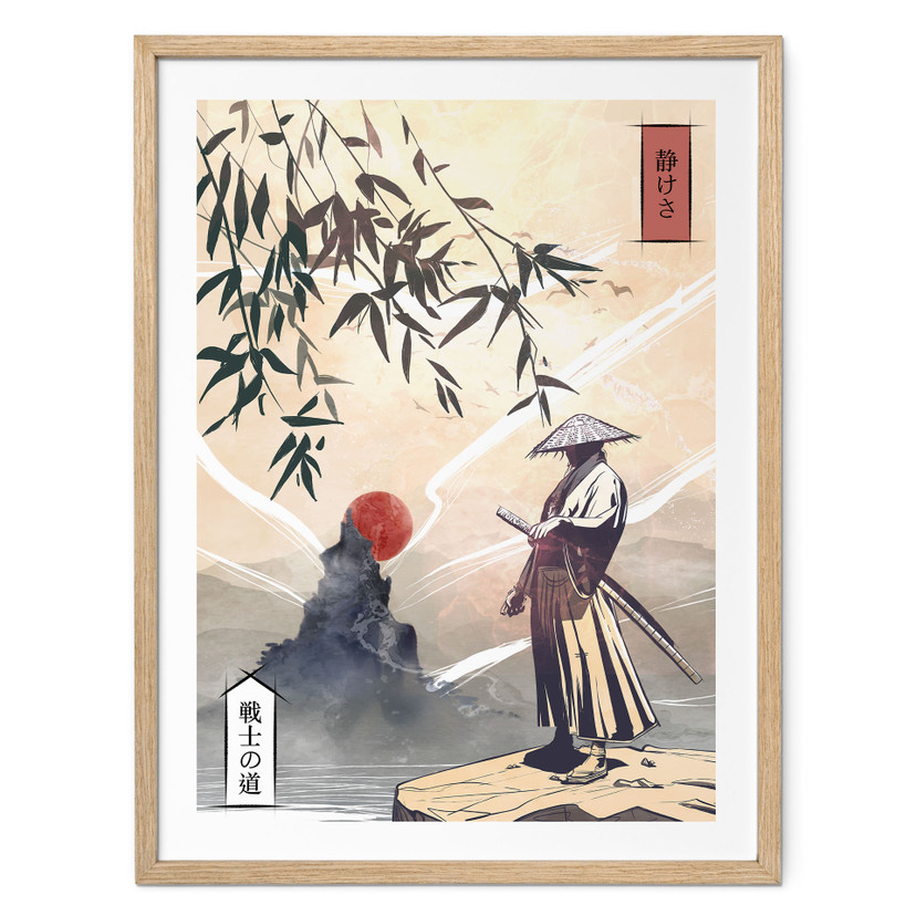 Plakat Samurai med sværd foran solopgang - Roze