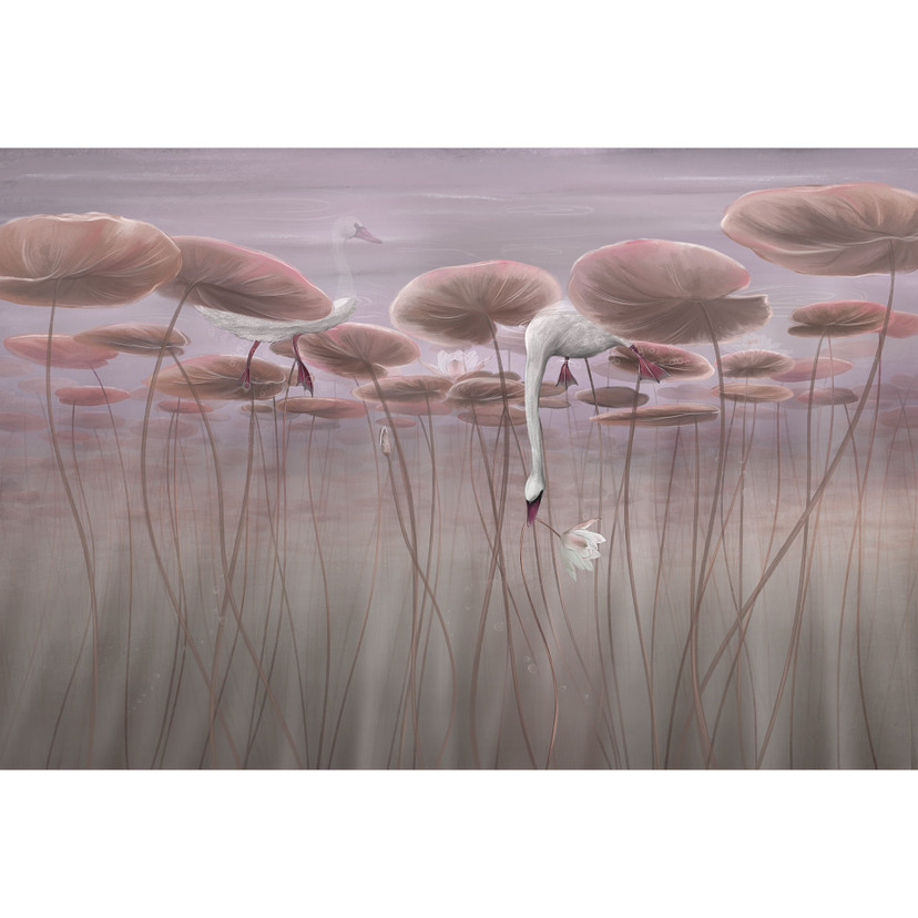Natuur Fotobehang lotusbloemen met zwaan in het water in donkerroze - Ms Tiff