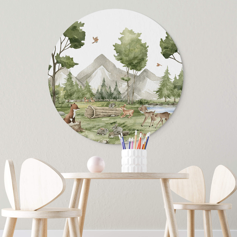 Vægcirkel Oliver Robins - Cute Forest Animals – print på aluminium (Alu-Dibond)