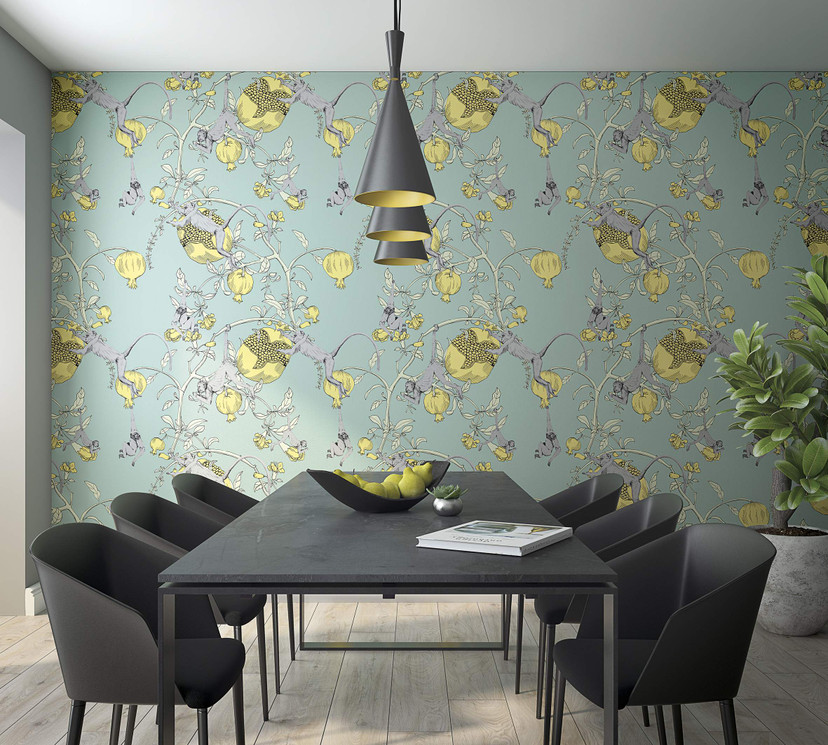 Fototapet med aber og planter, gul illustration 2,70 x 1,06 m