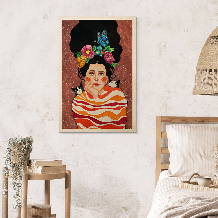 Houten Wanddecoratie vrouw met bloemenkroon en katten - Hülya
