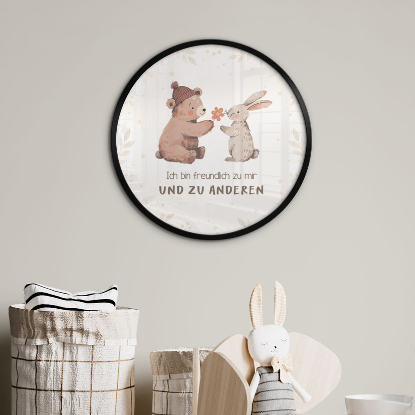 Rundes Affirmationsposter mit Bär und Hase - 'Ich bin freundlich' für das Kinderzimmer