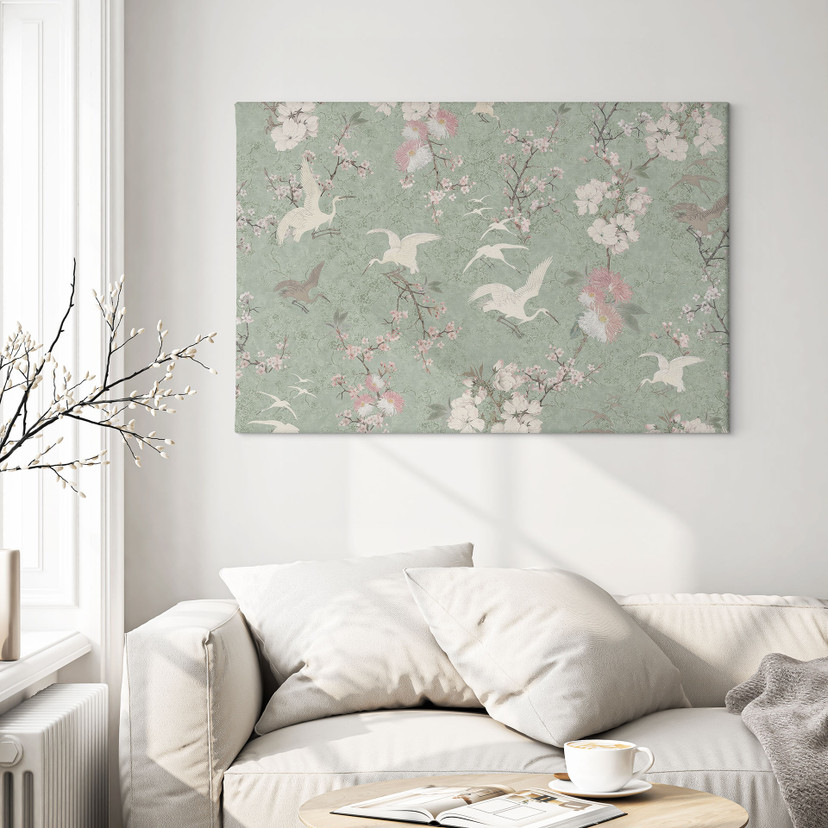 Canvas schilderij Kraanvogels in Kersenbloesem Rush Green - Bloomery Decor