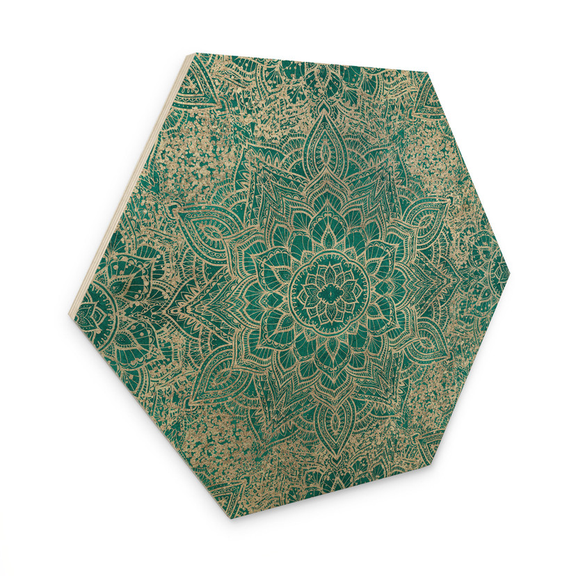 Sekskantet billede af træ Mandala Boho guld-grøn - Bloomery Decor