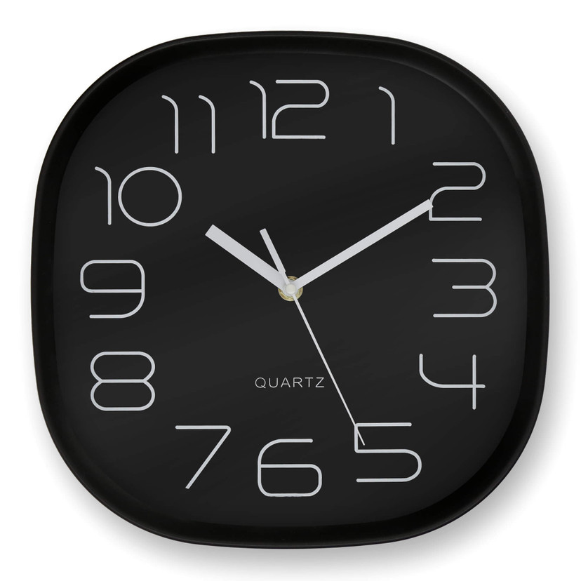 Minimalistische, moderne Wanduhr mit runden Ecken, schwarz | 29x29 cm