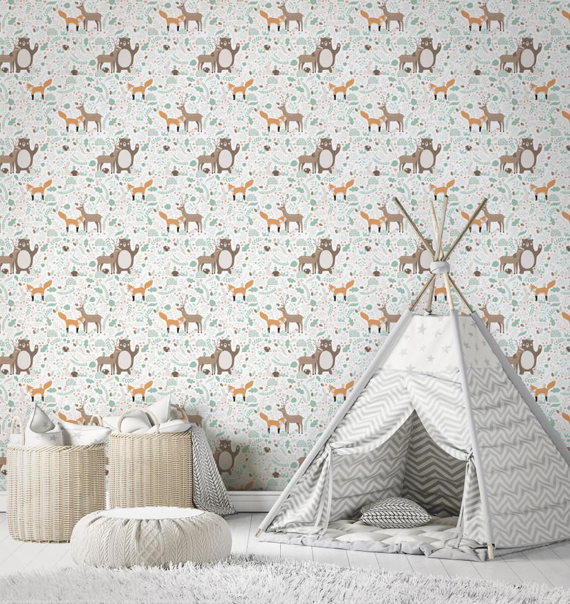 Børnetapet, non-woven tapet med illustration Kids Walls hvid, grøn, brun
