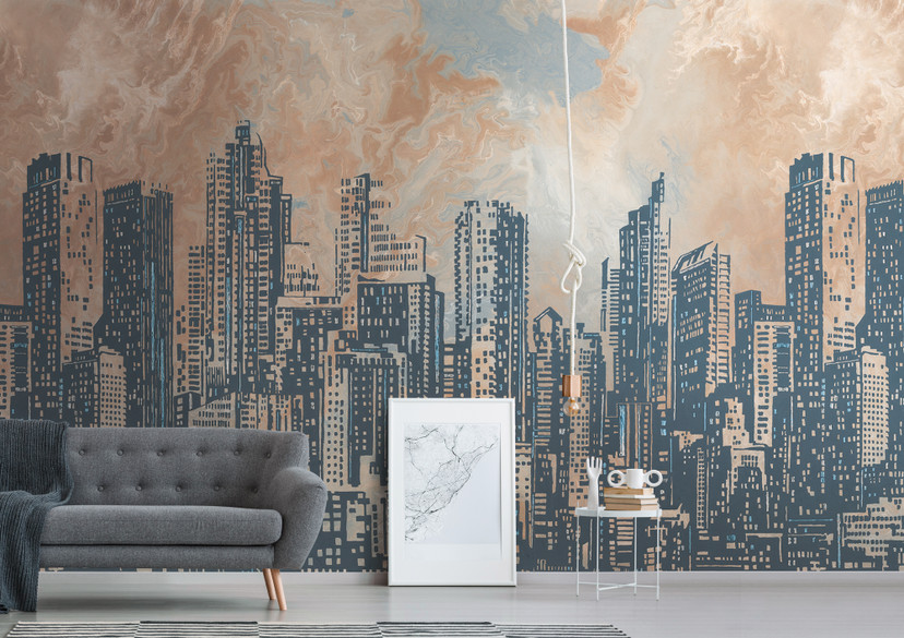 behang skyline oranje grijs - vliesbehang architectuur Livingwalls - mat en glad