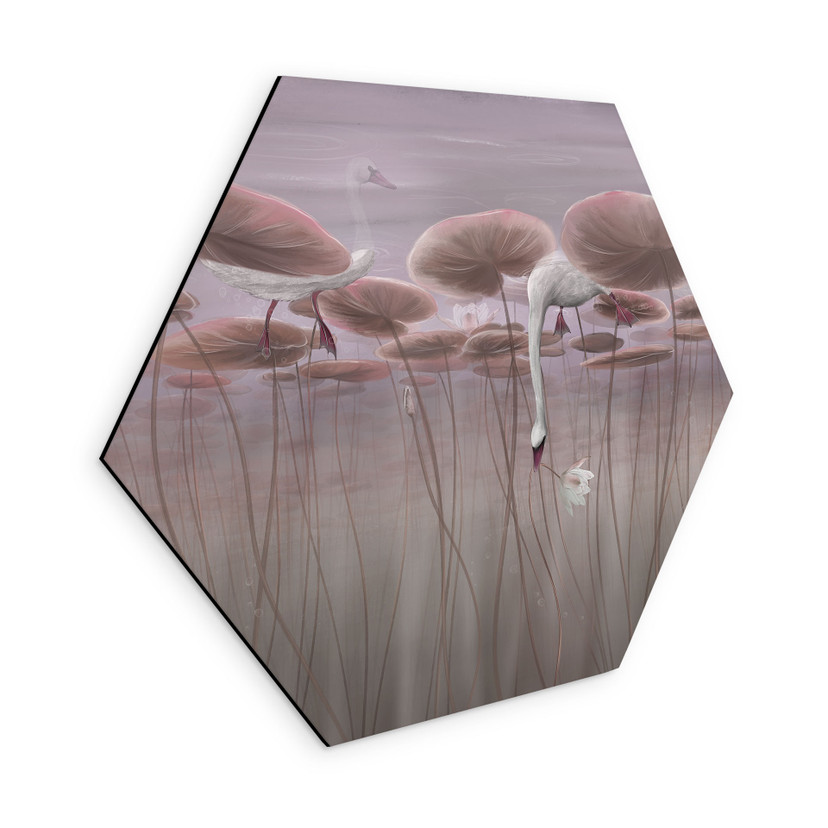 Zeshoek Wanddecoratie lotusbloemen met zwaan in water in schemerroze - Ms Tiff - Alu-Dibond