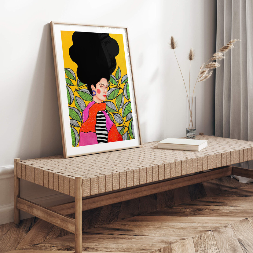 Poster Frau mit grün-weißen Blättern - Hülya