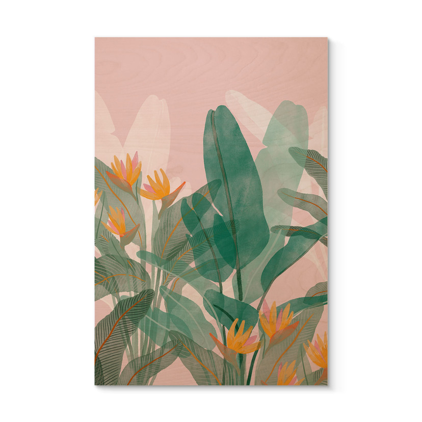 Houten Wanddecoratie botanische illustratie in groen en roze - Goed Blauw