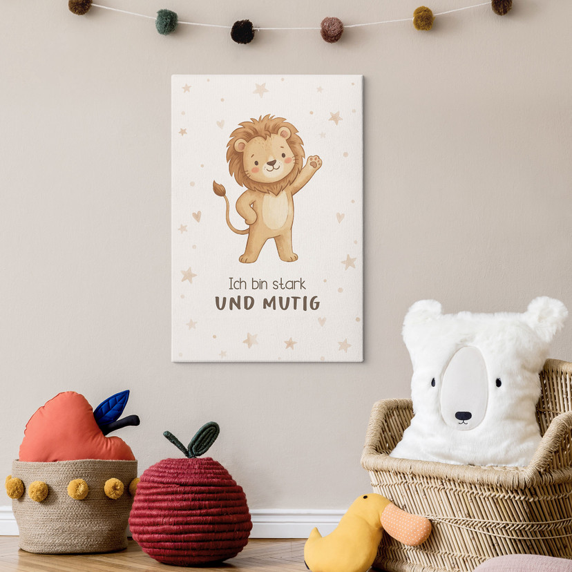 Leinwandbild mit Löwe - Affirmation 'Ich bin stark und mutig' für das Kinderzimmer
