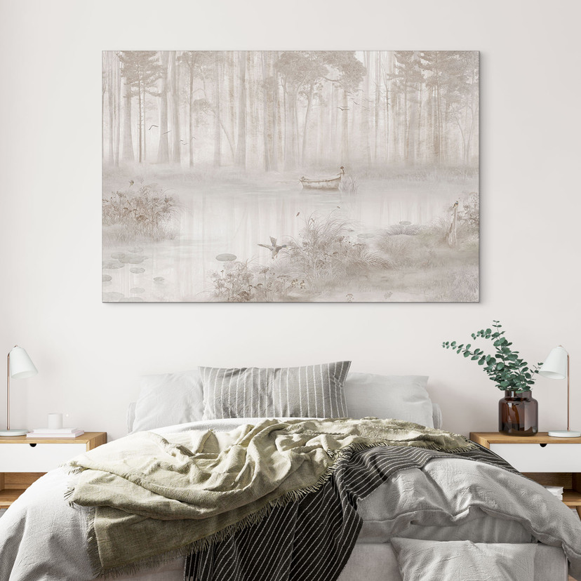 Wanddecoratie bos bij meer in beige mist - Ms Tiff - Alu-Dibond