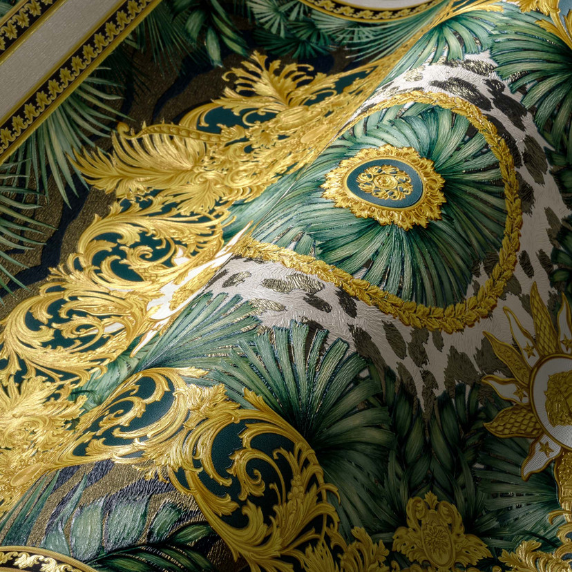 Tapeta Versace Home liście palmy zielone złoto dżungla luksusowa tapeta z włókniny designerska tapet