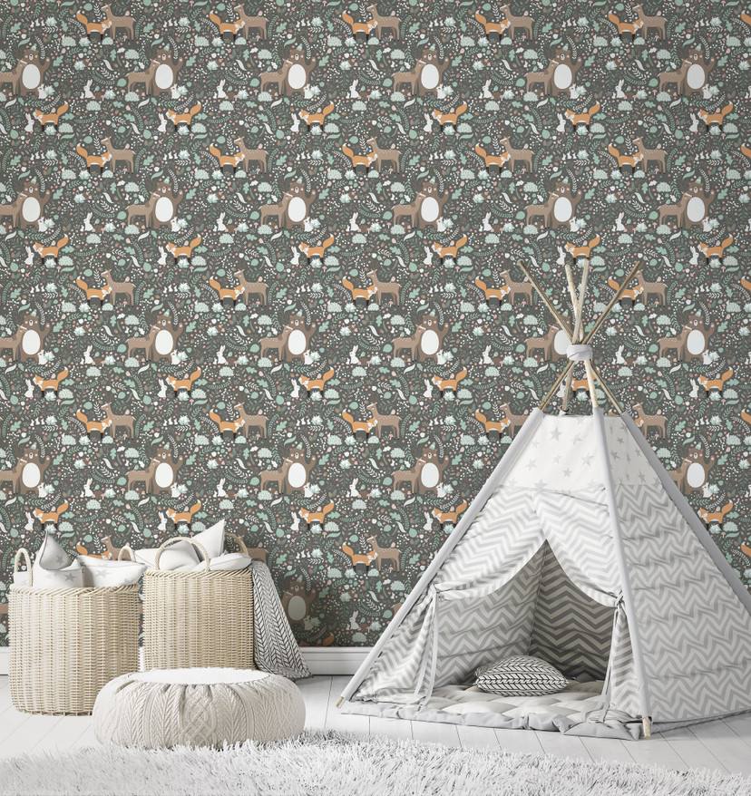 Børnetapet, non-woven tapet med illustration Kids Walls grøn, grå