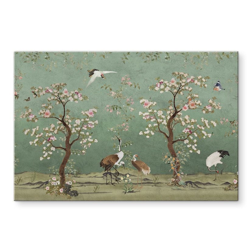 Glasschilderijen Kraanvogels in bloemenlandschap - Bloomery Decor