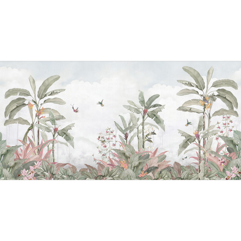 Papier peint photo jungle salon - idylle tropicale avec colibri bleu - Bloomery Decor