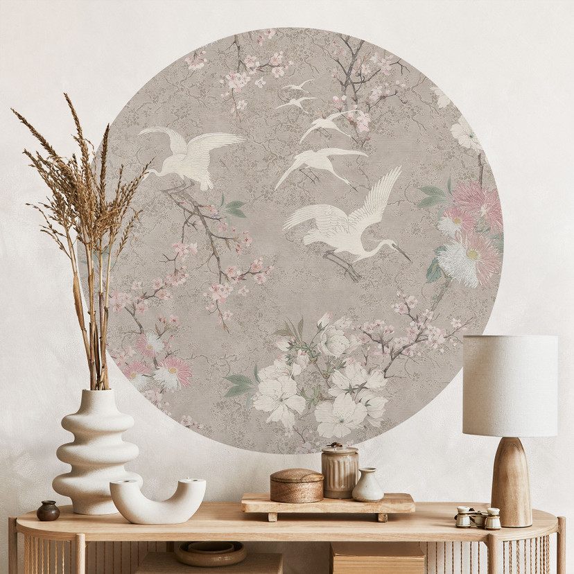 Naklejka na ścianę Żurawie w kwiecie wiśni beżowa - Bloomery Decor - okrągła