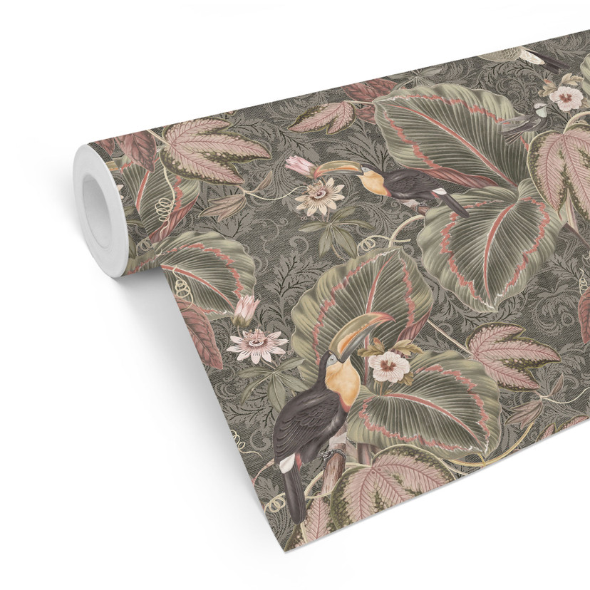 Tapet med mønster i junglen, tukan i tropisk skov - Bloomery Decor