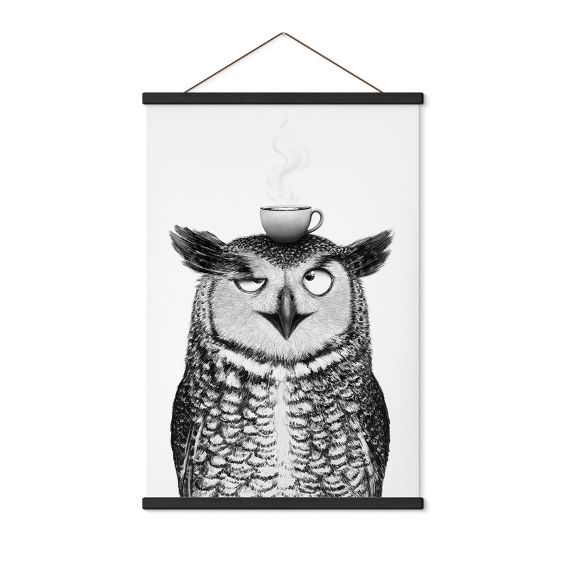 Textielposter Grappige Uil met Koffie - Korenkova