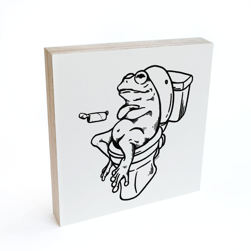 Træ dekoration blok Venter på toilettet - Humoristisk illustration af en frø - Royle