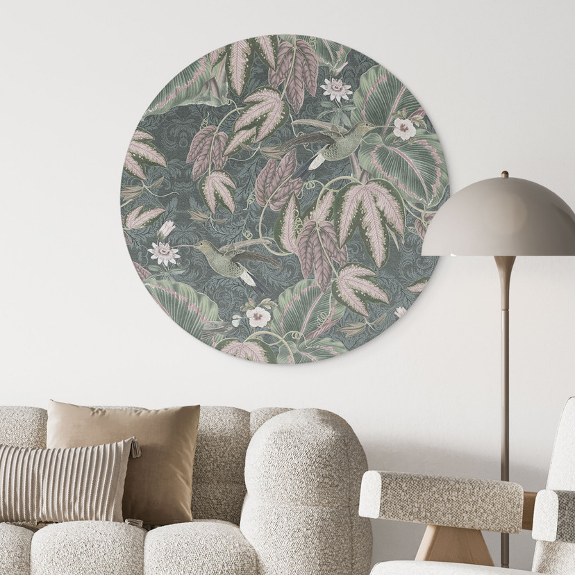 Billede af kolibri i en tropisk skov - Bloomery Decor - rund – print på aluminium (Alu-Dibond)
