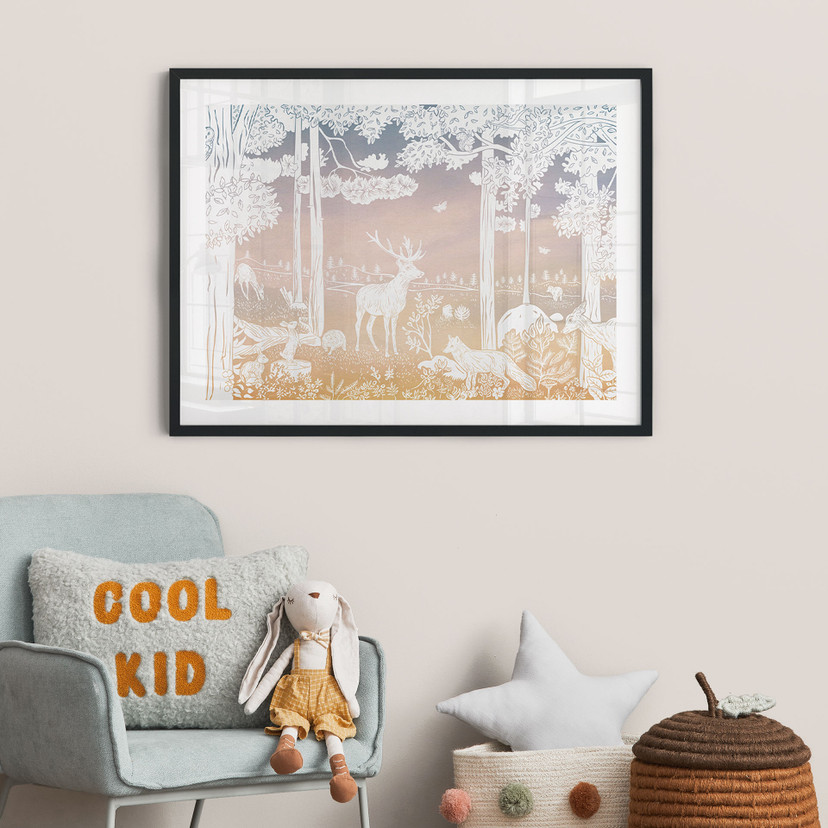 Plakat Spokojny las z jeleniami i lisami - Ombre - Kikki Belle