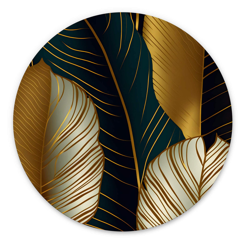 Tableau sur alu-Dibond rond Feuilles de palmier avec résumé effet or