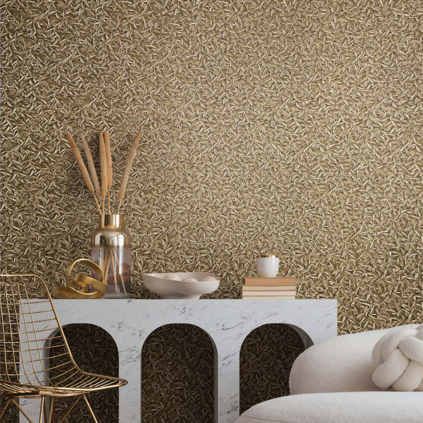 Vliestapete 3D-Optik, Blattmotiv Floral Klassisch in Gold