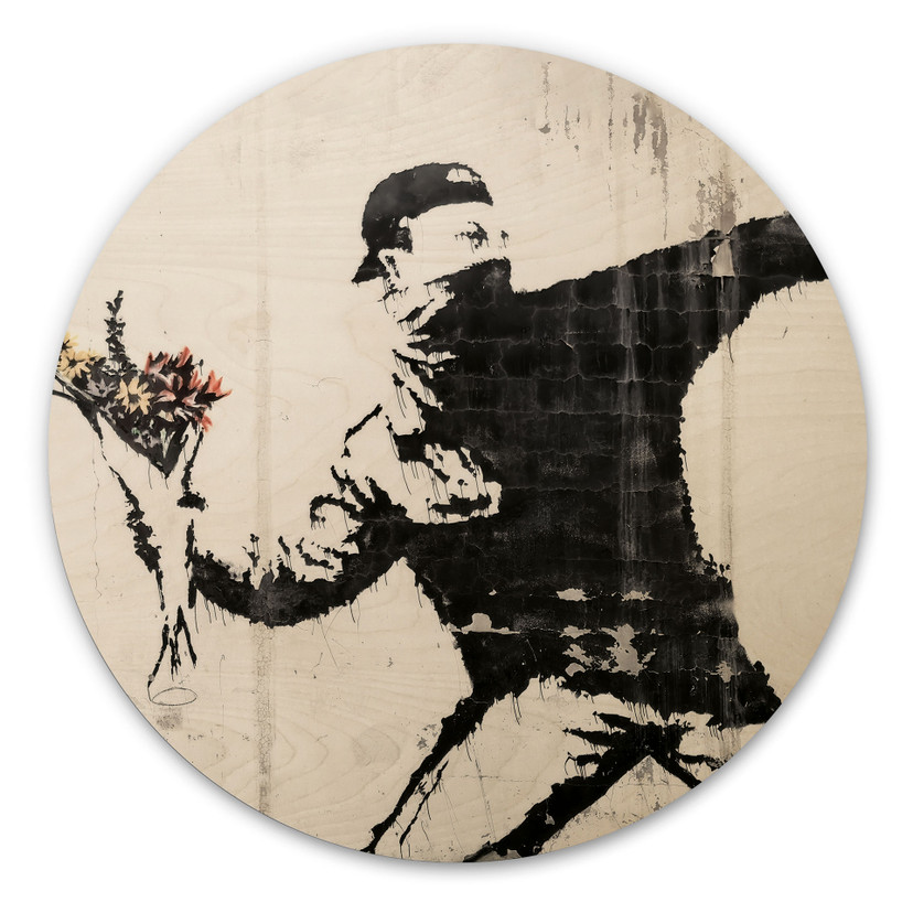 Houten Wanddecoratie Banksy - De Bloemenwerper - Rond