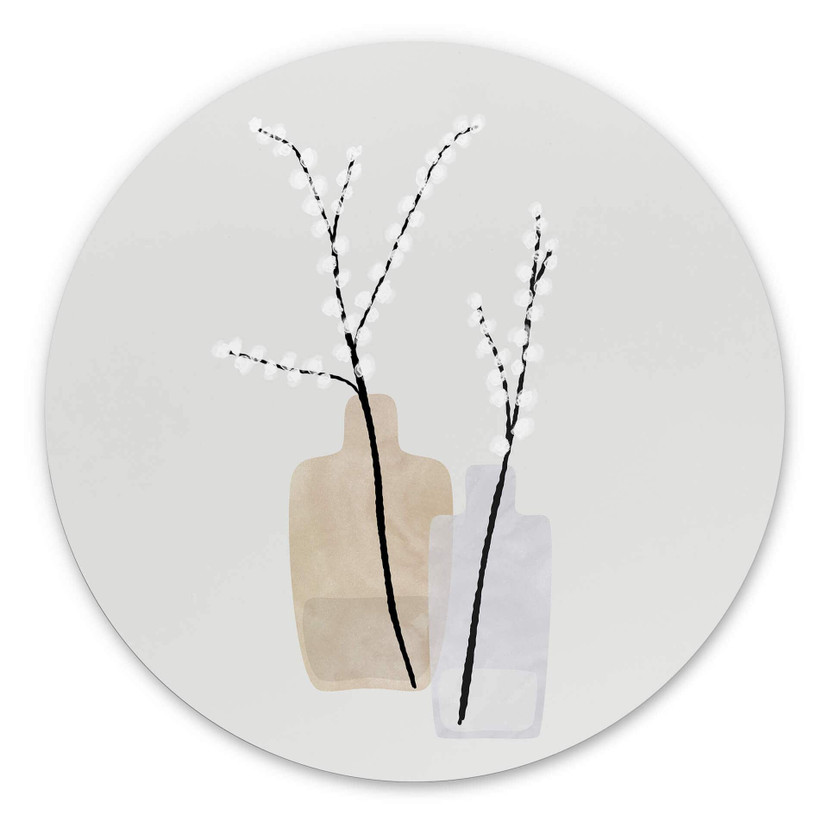 Tableau sur alu-Dibond rond Blursbyai - Deux vases avec des branches de saule dans des tons pastels