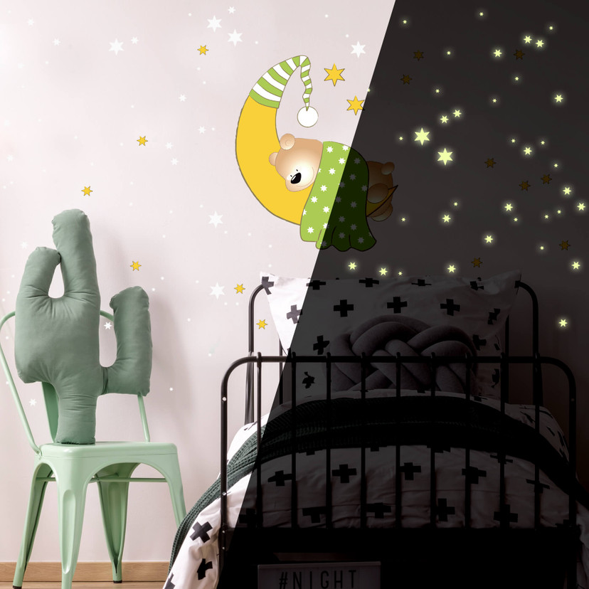 Wallsticker Bjørn, Måne og stjerner (grønne) + selvlysende stjerner
