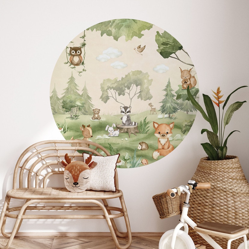 Wallsticker Söta djur i skogens hjärta - Oliver Robins - Rund