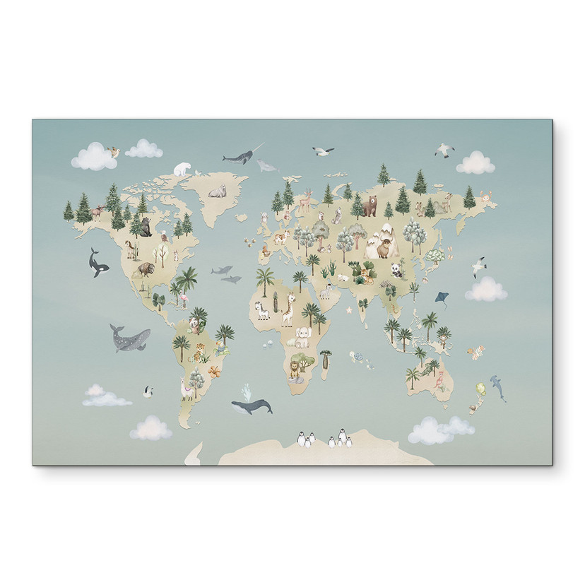 Tableau Carte du Monde - Monde des Animaux - Oliver Robins - Alu-Dibond