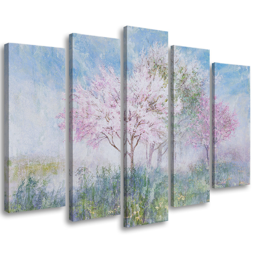 5 stykke lærredstryk, et blomstrende træ på engen