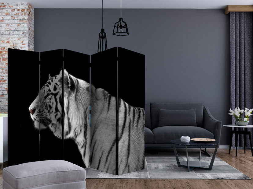 Skærm til rumdeling - Hvid tiger , 5-delt - 225x172 cm