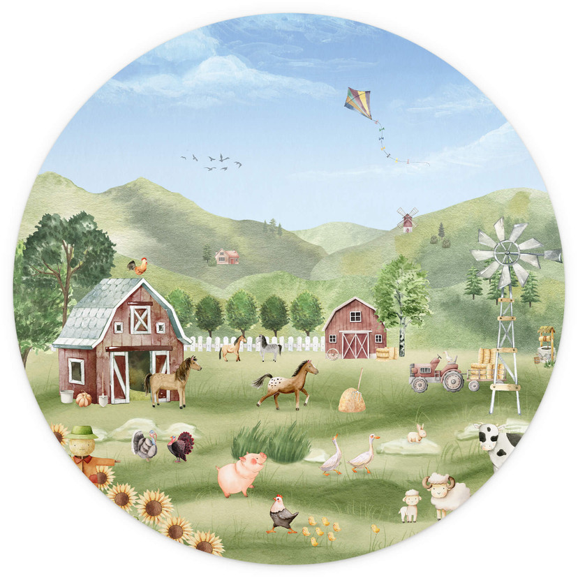 Behangcirkel Oliver Robins - Kleurrijke boerderij met dieren - vliesbehang/zelfklevend vliesbehang