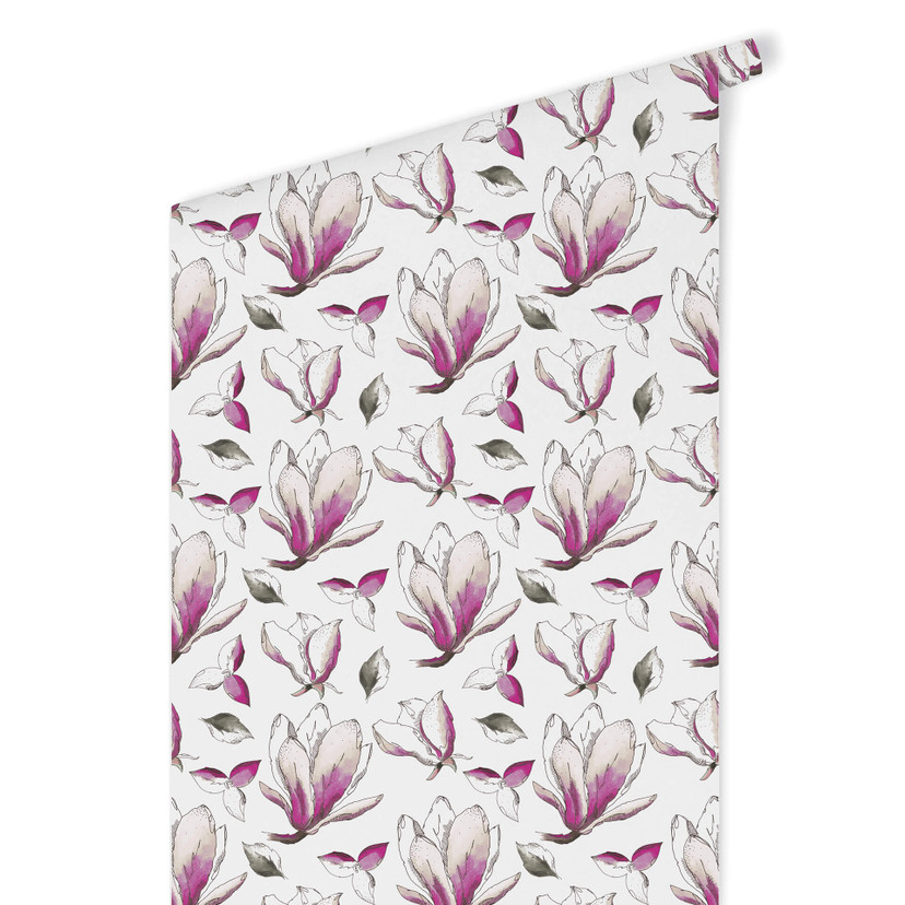 Tapet med mønster - illustrerede blomster - pink