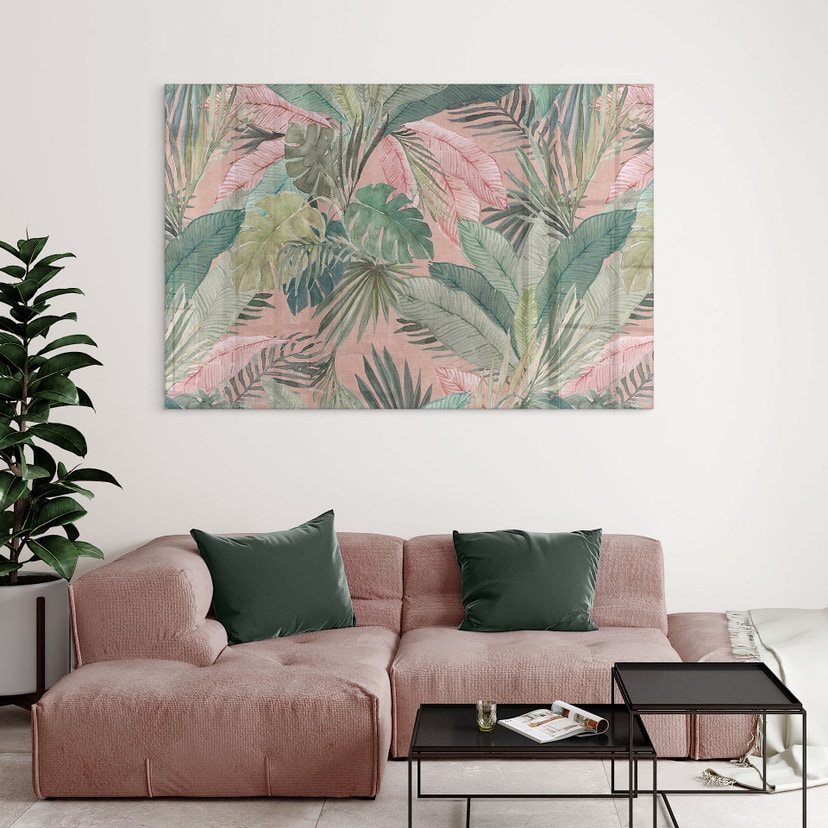 Tableau en verre acrylique Feuilles tropicales dans la jungle rose - Bloomery Decor