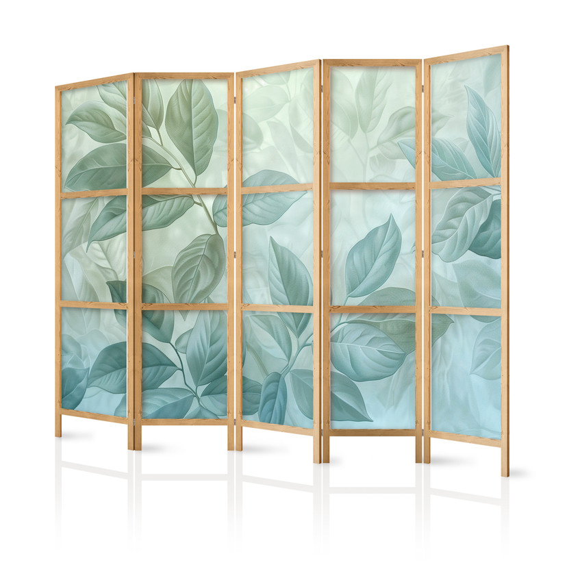 Japanischer Paravent, Raumteiler freistehend, Trennwand - Large Green-Mint Leaves