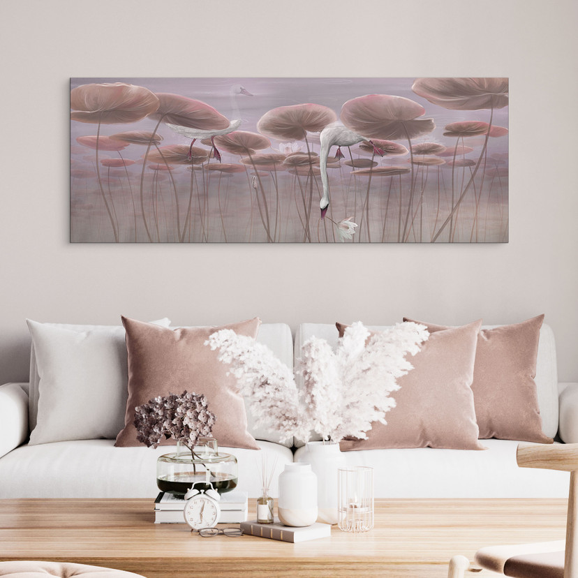 Wanddecoratie lotusbloemen met zwaan in het water in oudroze - Ms Tiff - Alu-Dibond Panorama