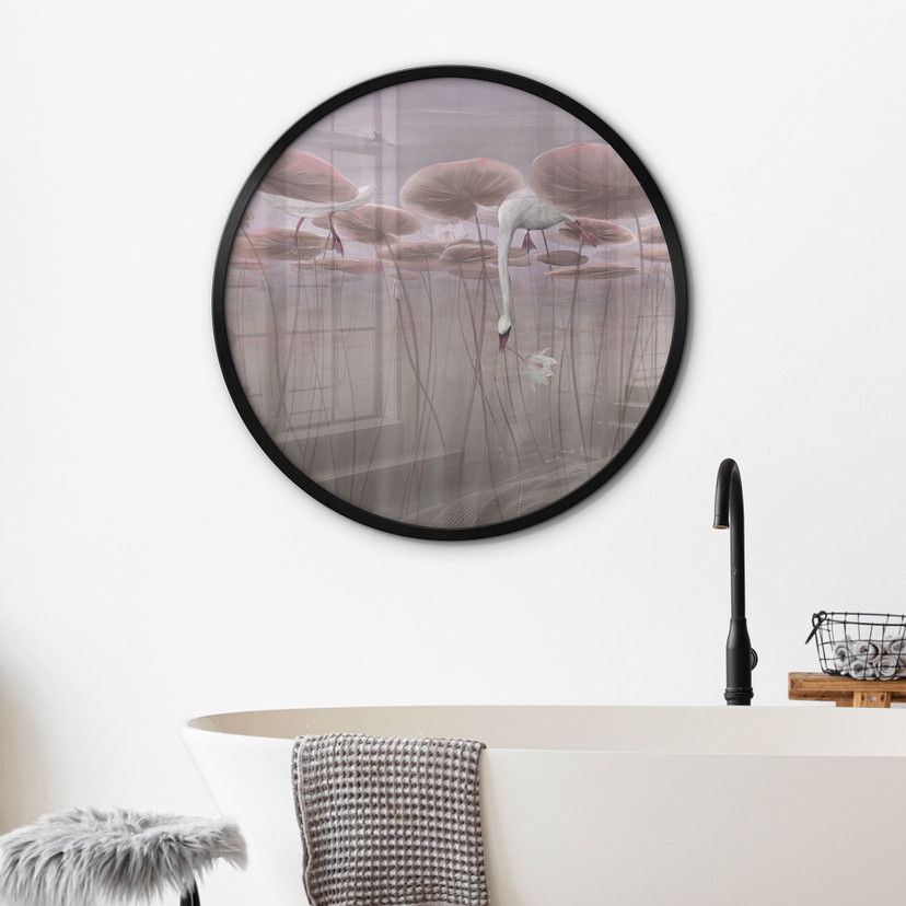 Poster lotusbloemen met zwaan in water in donkerroze - Ms Tiff - Rond