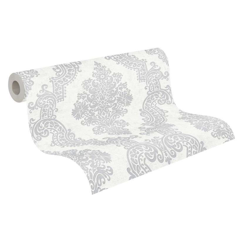 Papier peint baroque ornement blanc gris - Papier peint intissé classique gaufré - Papier peint à mo